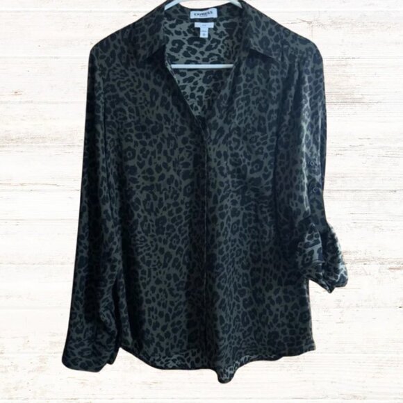 Express Tops - Express Portofino Slim Hunter Green and Black Leopard Print Button-Up